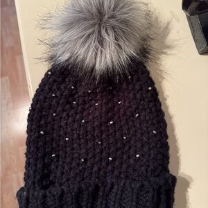 Saks Fifth Avenue Black Faux Fur Hat with Gemstones